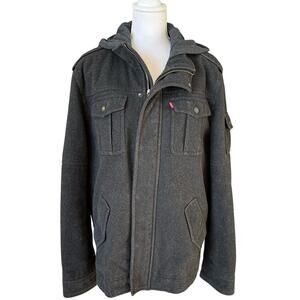 Levi's Jacket Coat Men's Large Grey Black Hooded Full Zip Snaps Patch Pockets